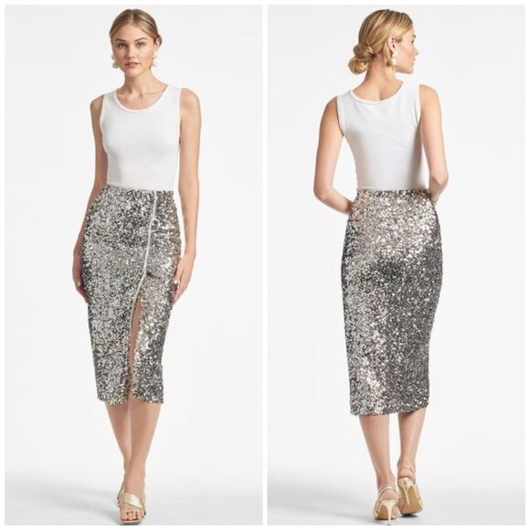 Sachin & Babi Talisa Skirt Silver Sequins & Pearls Midi Pencil Size 6 NEW - Picture 1 of 9